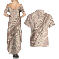 Polynesian Puakeniken Pikake Twisted Lei Couples Matching Summer Maxi Dress and Hawaiian Shirt Beige - Polynesian Pride