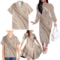 Polynesian Puakeniken Pikake Twisted Lei Family Matching Off The Shoulder Long Sleeve Dress and Hawaiian Shirt Beige LT7 - Polynesian Pride