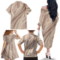 Polynesian Puakeniken Pikake Twisted Lei Family Matching Off The Shoulder Long Sleeve Dress and Hawaiian Shirt Beige LT7 - Polynesian Pride