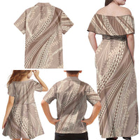 Polynesian Puakeniken Pikake Twisted Lei Family Matching Off Shoulder Maxi Dress and Hawaiian Shirt Beige LT7 - Polynesian Pride