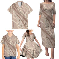 Polynesian Puakeniken Pikake Twisted Lei Family Matching Puletasi and Hawaiian Shirt Beige - Polynesian Pride