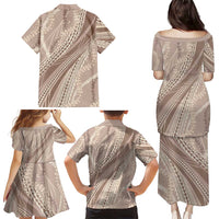 Polynesian Puakeniken Pikake Twisted Lei Family Matching Puletasi and Hawaiian Shirt Beige - Polynesian Pride