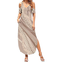 Polynesian Puakeniken Pikake Twisted Lei Family Matching Summer Maxi Dress and Hawaiian Shirt Beige LT7 Mom's Dress Beige - Polynesian Pride