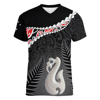 Personalised New Zealand Maori Women V Neck T Shirt Manaia Mix Koru LT7 Female Black - Polynesian Pride