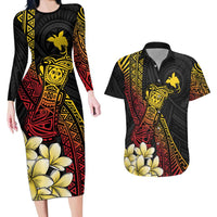 Personalized Papua New Guinea Couples Matching Long Sleeve Bodycon Dress and Hawaiian Shirt Kundu Drum Carving Motifs LT7 Black - Polynesian Pride