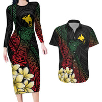Personalized Papua New Guinea Couples Matching Long Sleeve Bodycon Dress and Hawaiian Shirt Kundu Drum Motifs - Sepik Colors LT7 Black - Polynesian Pride