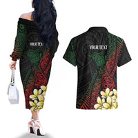 Personalized Papua New Guinea Couples Matching Off The Shoulder Long Sleeve Dress and Hawaiian Shirt Kundu Drum Motifs - Sepik Colors LT7 - Polynesian Pride