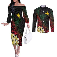 Personalized Papua New Guinea Couples Matching Off The Shoulder Long Sleeve Dress and Long Sleeve Button Shirt Kundu Drum Motifs - Sepik Colors LT7 Black - Polynesian Pride