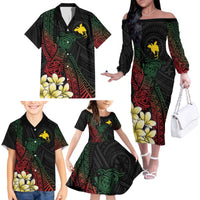 Personalized Papua New Guinea Family Matching Off The Shoulder Long Sleeve Dress and Hawaiian Shirt Kundu Drum Motifs - Sepik Colors LT7 Black - Polynesian Pride