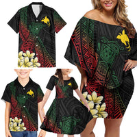 Personalized Papua New Guinea Family Matching Off Shoulder Short Dress and Hawaiian Shirt Kundu Drum Motifs - Sepik Colors LT7 - Polynesian Pride