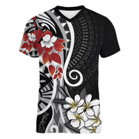 Bula Fiji Tagimaucia Mix Plumeria Masi Tapa Women V Neck T Shirt Black LT7 Female Black - Polynesian Pride