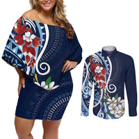 Bula Fiji Tagimaucia Mix Plumeria Masi Tapa Couples Matching Off Shoulder Short Dress and Long Sleeve Button Shirt Blue LT7 Blue - Polynesian Pride