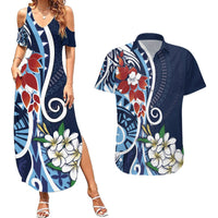 Bula Fiji Tagimaucia Mix Plumeria Masi Tapa Couples Matching Summer Maxi Dress and Hawaiian Shirt Blue LT7 Blue - Polynesian Pride