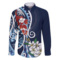 Bula Fiji Tagimaucia Mix Plumeria Masi Tapa Family Matching Mermaid Dress and Hawaiian Shirt Blue LT7 Dad's Shirt - Long Sleeve Blue - Polynesian Pride