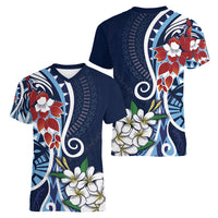 Bula Fiji Tagimaucia Mix Plumeria Masi Tapa Women V Neck T Shirt Blue LT7 - Polynesian Pride