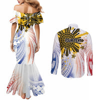 Philippines Independence Day Couples Matching Mermaid Dress and Long Sleeve Button Shirt Eagle Mix Filipino Flag Tribal Style