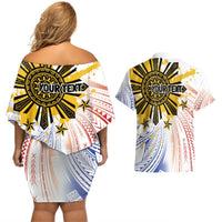Philippines Independence Day Couples Matching Off Shoulder Short Dress and Hawaiian Shirt Eagle Mix Filipino Flag Tribal Style
