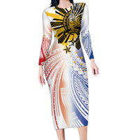 Philippines Independence Day Family Matching Long Sleeve Bodycon Dress and Hawaiian Shirt Eagle Mix Filipino Flag Tribal Style LT7 Mom's Dress White - Polynesian Pride