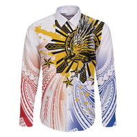 Philippines Independence Day Family Matching Off Shoulder Short Dress and Hawaiian Shirt Eagle Mix Filipino Flag Tribal Style LT7 Dad's Shirt - Long Sleeve White - Polynesian Pride