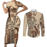 Talofa Samoa Mamanu Siapo Mix Malu Couples Matching Short Sleeve Bodycon Dress and Long Sleeve Button Shirt Classic Beige Frangipani and Turtles