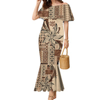 Talofa Samoa Mamanu Siapo Mix Malu Family Matching Mermaid Dress and Hawaiian Shirt Classic Beige Frangipani and Turtles LT7 Mom's Dress Beige - Polynesian Pride