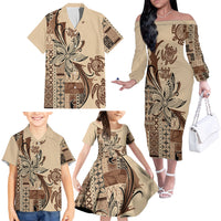 Talofa Samoa Mamanu Siapo Mix Malu Family Matching Off The Shoulder Long Sleeve Dress and Hawaiian Shirt Classic Beige Frangipani and Turtles LT7 - Polynesian Pride