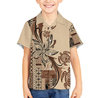 Talofa Samoa Mamanu Siapo Mix Malu Family Matching Off The Shoulder Long Sleeve Dress and Hawaiian Shirt Classic Beige Frangipani and Turtles LT7 Son's Shirt Beige - Polynesian Pride