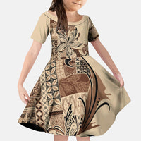 Talofa Samoa Mamanu Siapo Mix Malu Family Matching Off Shoulder Short Dress and Hawaiian Shirt Classic Beige Frangipani and Turtles LT7 Daughter's Dress Beige - Polynesian Pride