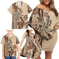 Talofa Samoa Mamanu Siapo Mix Malu Family Matching Off Shoulder Short Dress and Hawaiian Shirt Classic Beige Frangipani and Turtles LT7 - Polynesian Pride