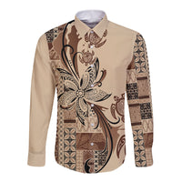 Talofa Samoa Mamanu Siapo Mix Malu Long Sleeve Button Shirt Classic Beige Frangipani and Turtles LT7 Unisex Beige - Polynesian Pride