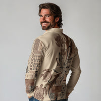 Talofa Samoa Mamanu Siapo Mix Malu Long Sleeve Polo Shirt Classic Beige Frangipani and Turtles
