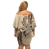 Talofa Samoa Mamanu Siapo Mix Malu Off Shoulder Short Dress Classic Beige Frangipani and Turtles LT7 - Polynesian Pride