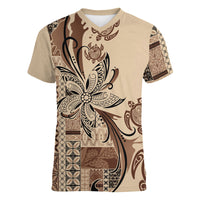 Talofa Samoa Mamanu Siapo Mix Malu Women V-Neck T-Shirt Classic Beige Frangipani and Turtles