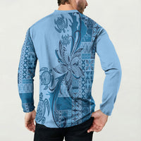 Talofa Samoa Mamanu Siapo Mix Malu Button Sweatshirt Cool Blue Frangipani and Turtles