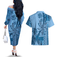 Talofa Samoa Mamanu Siapo Mix Malu Couples Matching Off The Shoulder Long Sleeve Dress and Hawaiian Shirt Cool Blue Frangipani and Turtles LT7 - Polynesian Pride