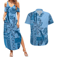 Talofa Samoa Mamanu Siapo Mix Malu Couples Matching Summer Maxi Dress and Hawaiian Shirt Cool Blue Frangipani and Turtles