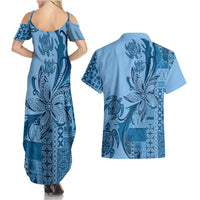 Talofa Samoa Mamanu Siapo Mix Malu Couples Matching Summer Maxi Dress and Hawaiian Shirt Cool Blue Frangipani and Turtles