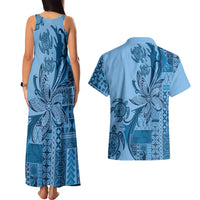 Talofa Samoa Mamanu Siapo Mix Malu Couples Matching Tank Maxi Dress and Hawaiian Shirt Cool Blue Frangipani and Turtles