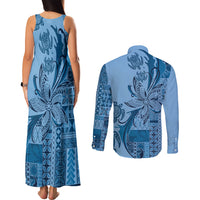 Talofa Samoa Mamanu Siapo Mix Malu Couples Matching Tank Maxi Dress and Long Sleeve Button Shirt Cool Blue Frangipani and Turtles