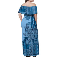 Talofa Samoa Mamanu Siapo Mix Malu Family Matching Off Shoulder Maxi Dress and Hawaiian Shirt Cool Blue Frangipani and Turtles LT7 - Polynesian Pride