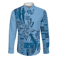 Talofa Samoa Mamanu Siapo Mix Malu Family Matching Tank Maxi Dress and Hawaiian Shirt Cool Blue Frangipani and Turtles LT7 Dad's Shirt - Long Sleeve Blue - Polynesian Pride