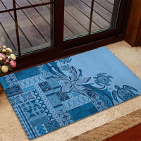 Talofa Samoa Mamanu Siapo Mix Malu Rubber Doormat Cool Blue Frangipani and Turtles