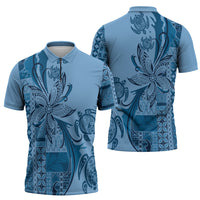 Talofa Samoa Mamanu Siapo Mix Malu Zipper Polo Shirt Cool Blue Frangipani and Turtles