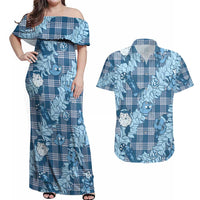 Blue Palaka Hawaii Cowboy Christmas Couples Matching Off Shoulder Maxi Dress and Hawaiian Shirt Paniolo Mix Maile Lei LT7 Blue - Polynesian Pride