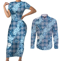 Blue Palaka Hawaii Cowboy Christmas Couples Matching Short Sleeve Bodycon Dress and Long Sleeve Button Shirt Paniolo Mix Maile Lei LT7 Blue - Polynesian Pride