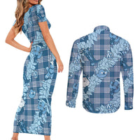 Blue Palaka Hawaii Cowboy Christmas Couples Matching Short Sleeve Bodycon Dress and Long Sleeve Button Shirt Paniolo Mix Maile Lei LT7 - Polynesian Pride