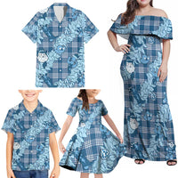 Blue Palaka Hawaii Cowboy Christmas Family Matching Off Shoulder Maxi Dress and Hawaiian Shirt Paniolo Mix Maile Lei LT7 - Polynesian Pride