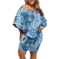 Blue Palaka Hawaii Cowboy Christmas Family Matching Off Shoulder Short Dress and Hawaiian Shirt Paniolo Mix Maile Lei LT7 Mom's Dress Blue - Polynesian Pride