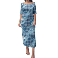 Blue Palaka Hawaii Cowboy Christmas Family Matching Puletasi and Hawaiian Shirt Paniolo Mix Maile Lei LT7 Mom's Dress Blue - Polynesian Pride
