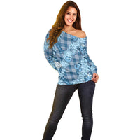 Blue Palaka Hawaii Cowboy Christmas Off Shoulder Sweater Paniolo Mix Maile Lei - Polynesian Pride